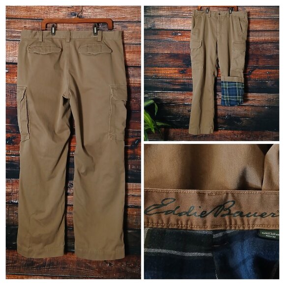 Eddie Bauer Cargo Pants Mens 40X32 Cotton Flannel Lined Warm Khaki Tan - Picture 1 of 10